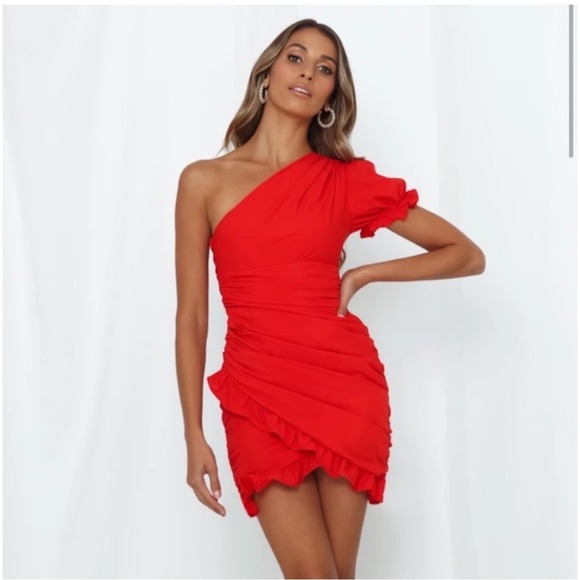 Hello Molly Dresses & Skirts - Hello Molly Red One Shoulder Ruched Puff Sleeve Mini‎ Dress US 8 nwt